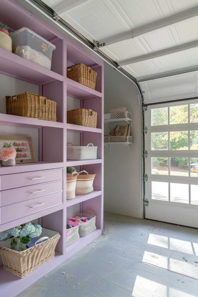 A garage with a purple shelf with wicker baskets and miscellaneous items and a white wall with additional small shelves. The garage door is open and lets in sunlight.