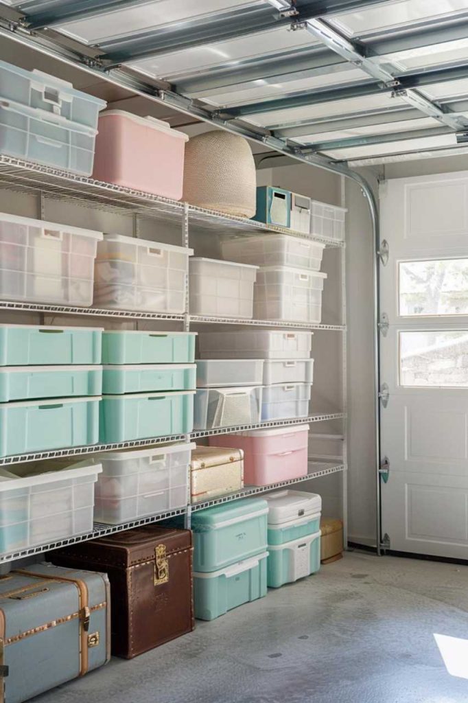 A garage with metal shelves containing clear and pastel storage containers, baskets and a few suitcases. The garage door is partially visible on the right.