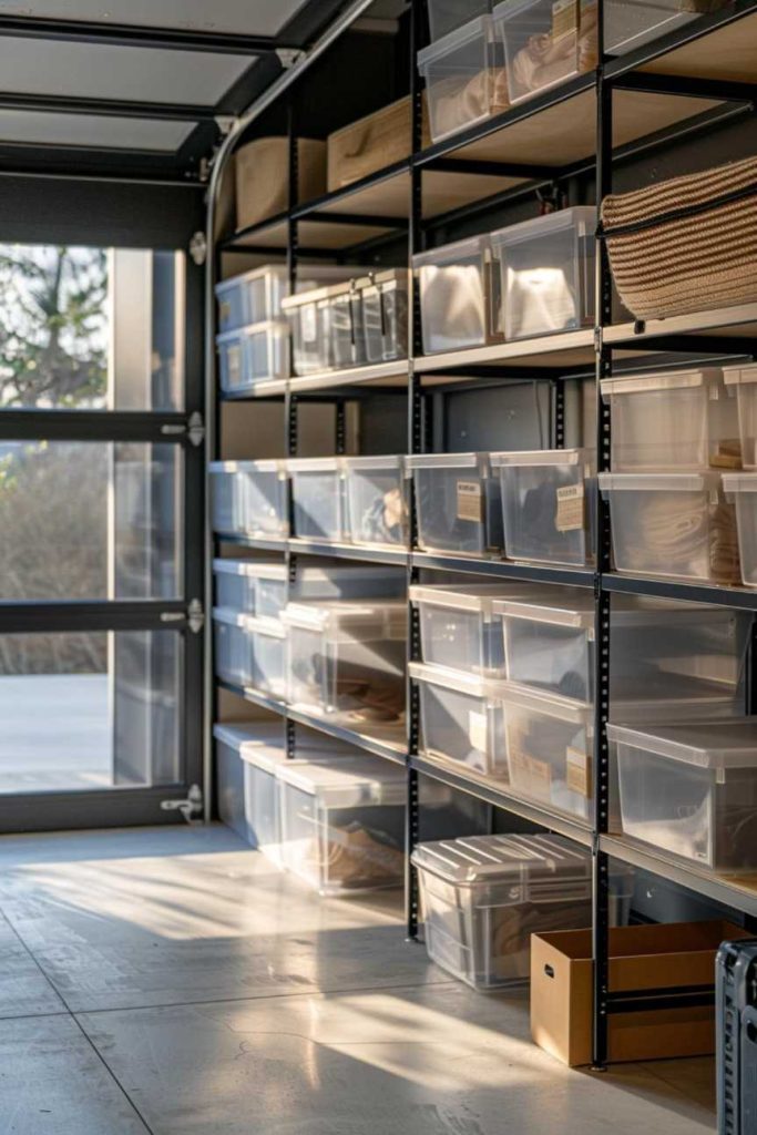 A garage with organized shelves containing transparent plastic containers filled with various items. Sunlight streams through the partially opened garage door.