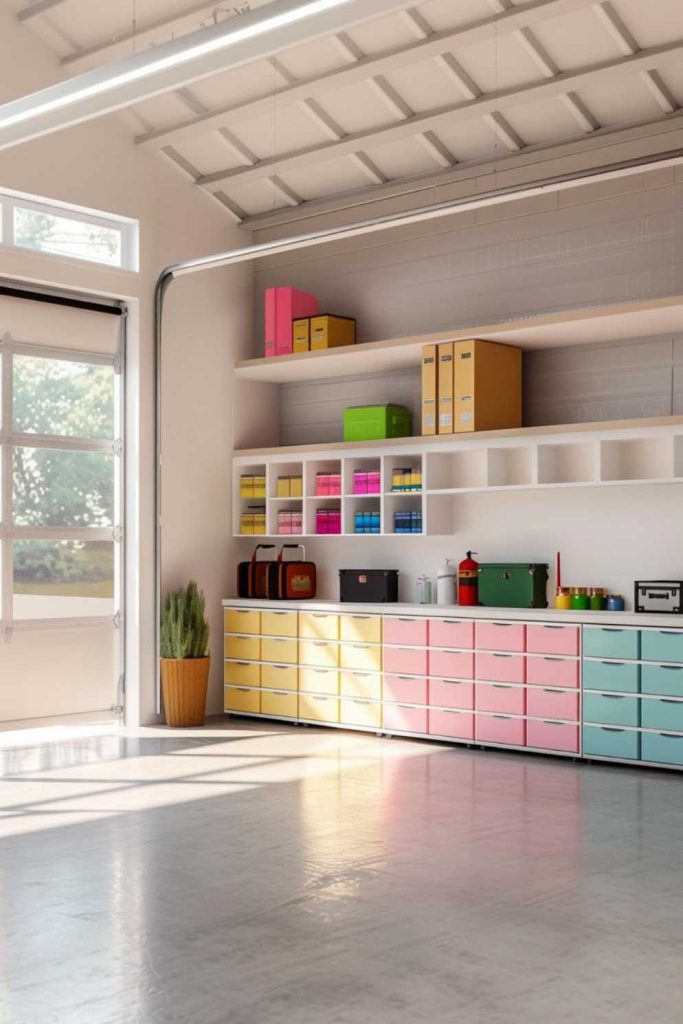 A tidy, well-lit garage with colorful drawers, shelves with boxes, cans and containers, and a potted plant near a large window.