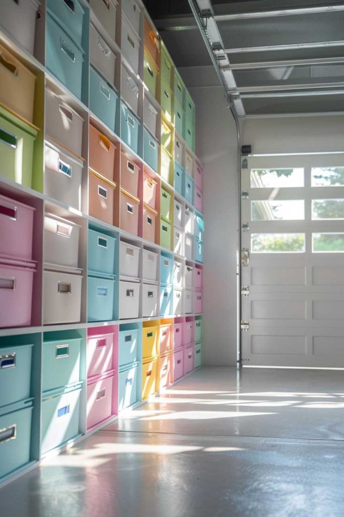 A brightly lit room with a wall of colorful storage containers arranged in a grid pattern and a garage door that opens to the outside.