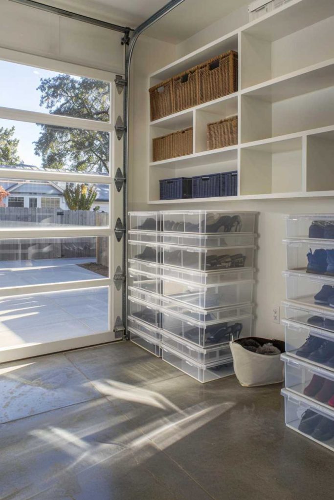 A tidy garage with transparent storage boxes stacked against the wall, open shelves with woven baskets and containers, and sunlight streaming in through a glass door.