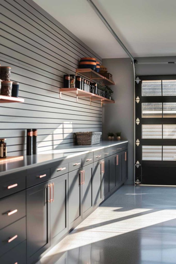 A modern kitchen with sleek black cabinets, open shelving and a garage-style glass door. Natural light streams in and brightens the room.