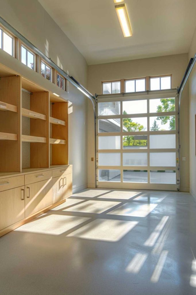 A brightly lit, empty garage with wooden shelves on the left wall and a large glass-lined garage door partially open, allowing sunlight to cast shadows on the polished concrete floor.