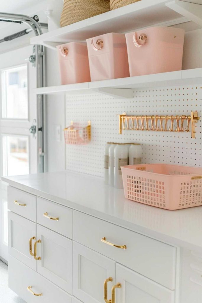 A tidy laundry room with white cabinets, gold handles, pink storage baskets, pegboard with hooks and neatly arranged detergent bottles. The shelves above provide space for additional baskets.