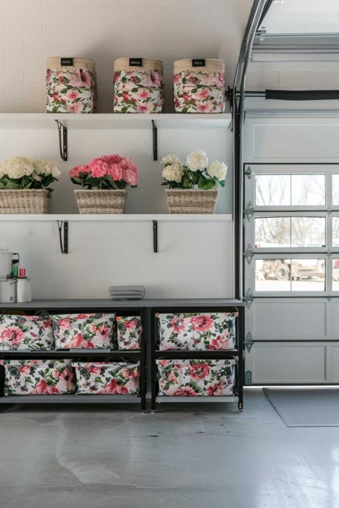 Neatly organized garage with floral storage boxes and baskets, shelves with pink and white potted flowers, a garage door and a light gray floor.