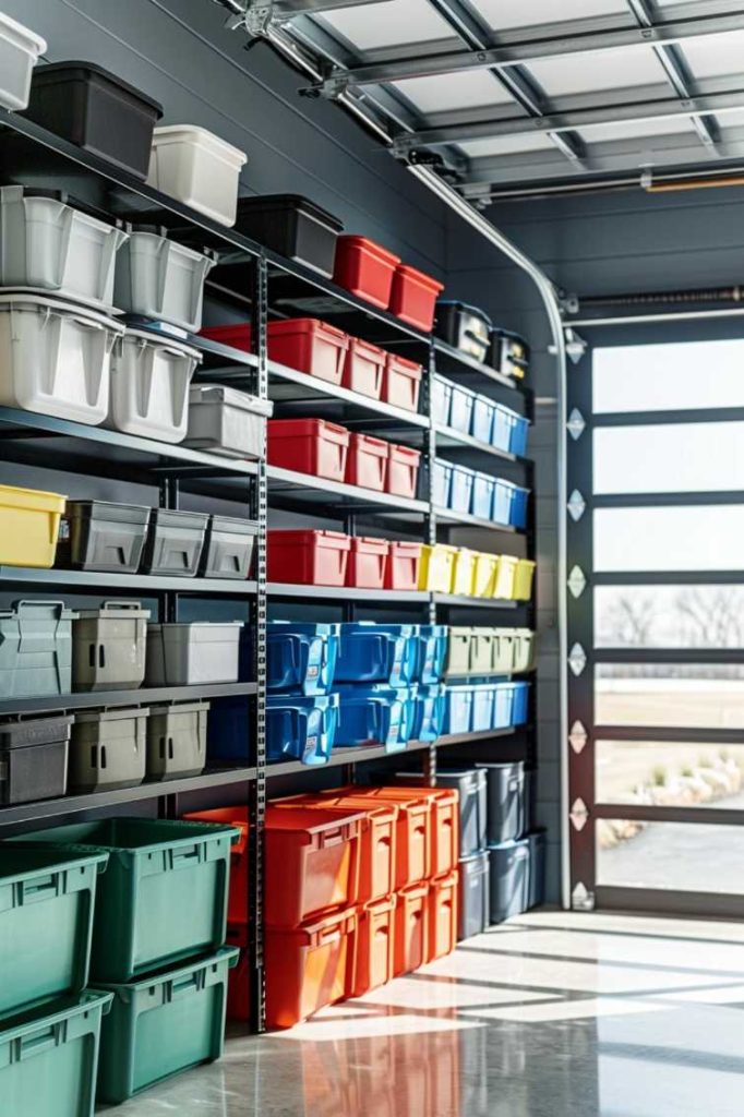 A garage with open shelves where different colored plastic containers are stacked in an orderly manner. A large garage door on the right allows natural light to illuminate the space.