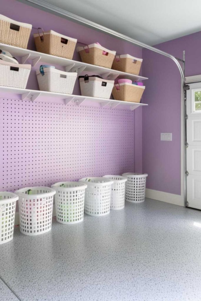 A tidy garage features white and wicker baskets arranged on shelves and the floor in front of a purple pegboard wall and a white door.