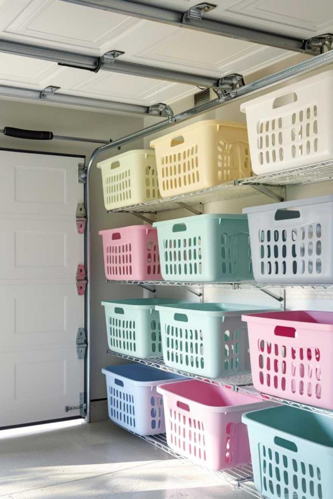 A garage with shelves containing several pastel-colored plastic laundry baskets next to a closed garage door.