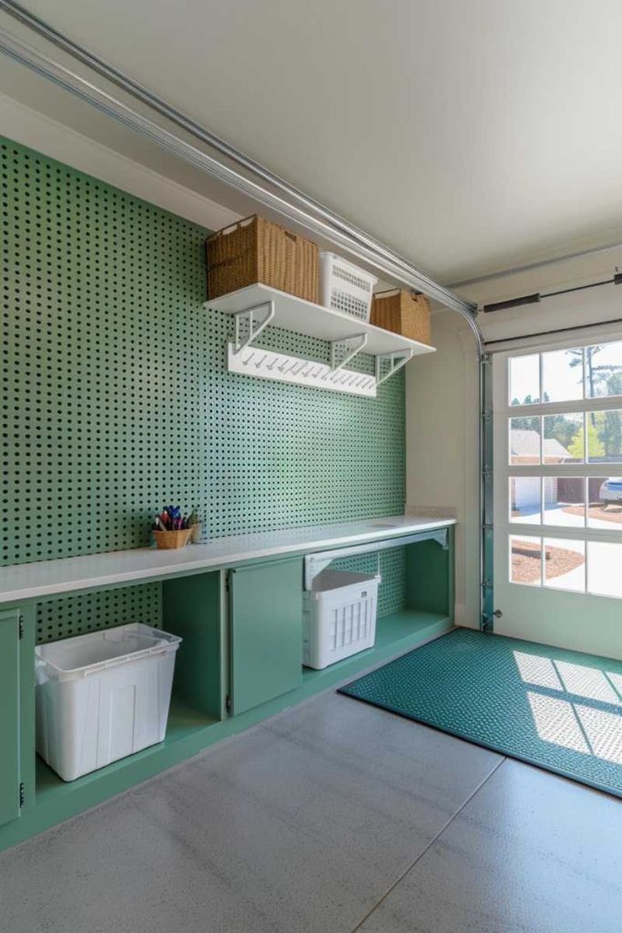 A clean, organized garage with a green pegboard wall, white shelves with baskets and a large window letting in natural light. There are storage boxes on green cupboards and a green mat on the floor.