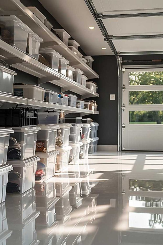 A tidy garage with wall-mounted shelves full of clear plastic containers and a closed garage door to the right with sunlight streaming in.