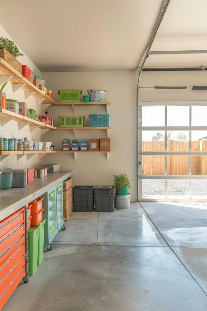 A tidy and well-organized garage with storage shelves for various containers, a wooden workbench with drawers and an open garage door that allows for natural light.