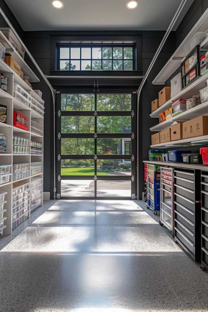 A tidy, organized garage with shelves full of boxes and tools on both sides and a glass garage door that lets in natural light and looks out to a green lawn and trees outside.