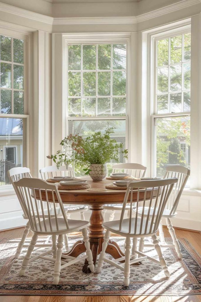 A wooden dining table with white chairs in a bright room with large bay windows and lots of greenery outside. There is a vase with plants on the table.