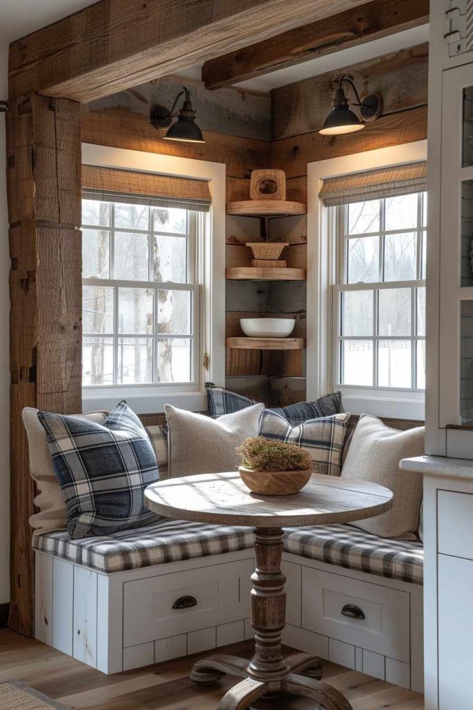 A cozy breakfast nook with plaid pillows and pillows on a built-in bench. A decorative bowl stands on a <a href=