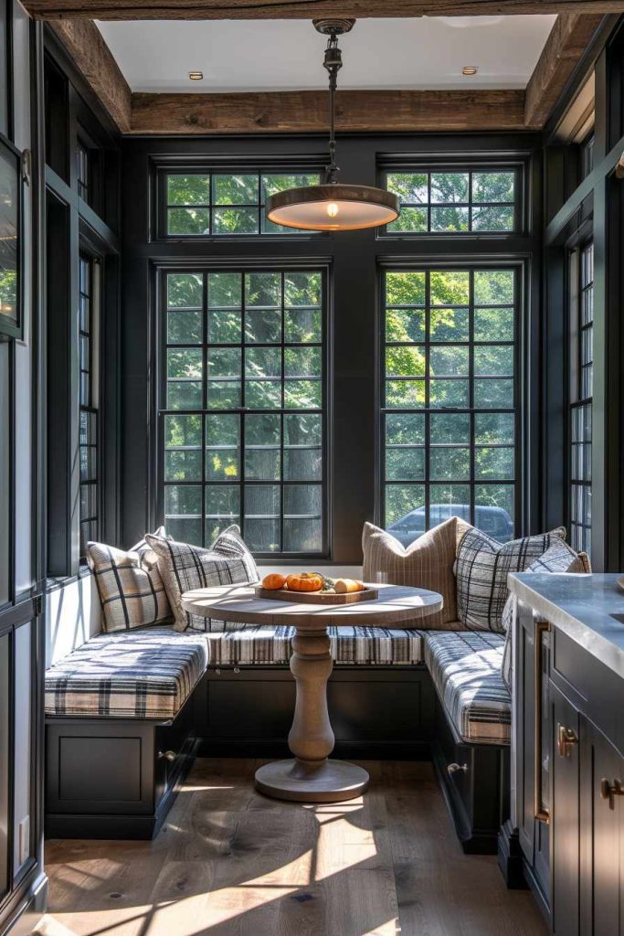 A cozy, sun-filled corner with a round table surrounded by benches with checkered cushions, surrounded by large windows with black trim. There is a bowl of oranges on the table.