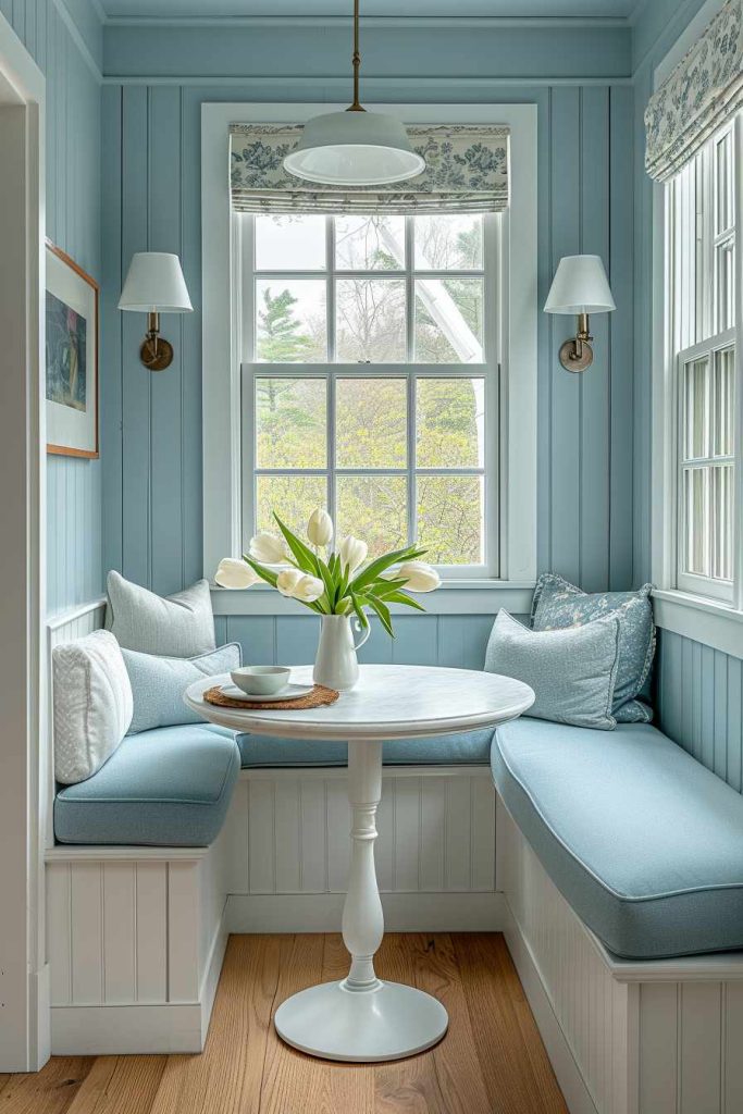 A cozy dining area with blue upholstered benches, a round white table and a vase of white flowers, nestled in a room with light blue walls, a large window and wooden floors.