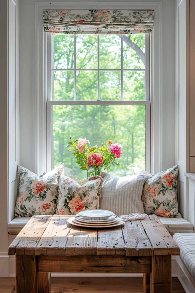 A cozy corner with a wooden table set for breakfast, floral cushions on the bench and a large window with a view of nature in the background. A vase of fresh flowers adds a lively touch.