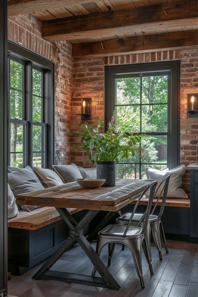 Cozy dining area with wooden table, metal chairs and a built-in bench with cushions. The exposed brick walls, large windows and houseplants create a rustic, inviting ambience.