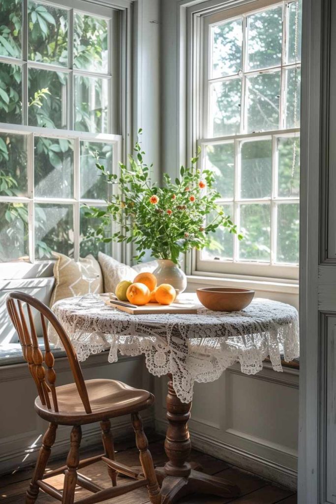 A bowl of fruit and a vase of flowers stand on a small wooden table with a lace tablecloth. There is a wooden chair next to it. Sunlight streams through large windows in the background.