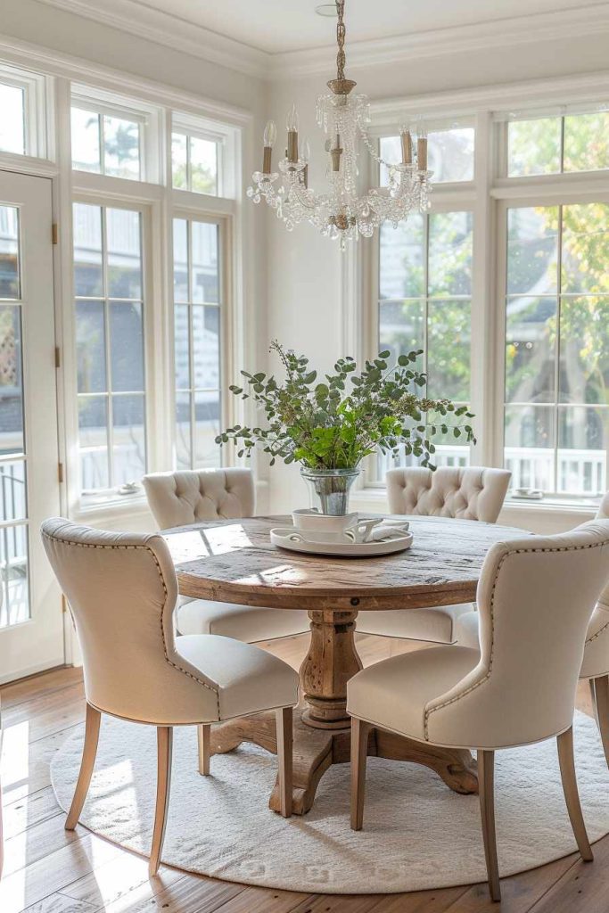 A bright dining area with a round wooden table, four upholstered chairs, a potted plant centerpiece, a chandelier and large windows letting in natural light.