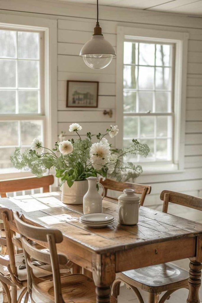 Wooden dining table and chairs in a bright room with white paneled walls and large windows. The table is decorated with a vase of white flowers and ceramic vessels. Hanging lamp above the table.