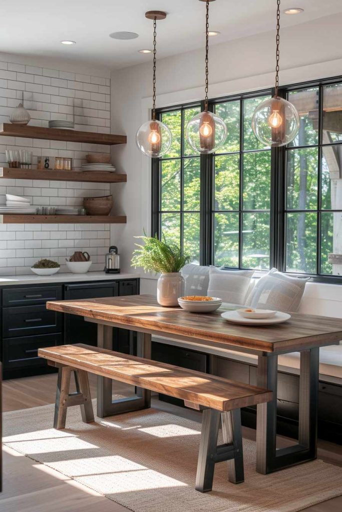 A modern kitchen with white subway tiles, black cabinets, open wooden shelving and a wooden dining table with bench seating. Three round pendant lights hang above the table. Large windows provide natural light.