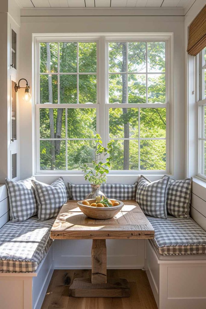 A cozy breakfast nook with checkered cushions features a wooden table with a fruit bowl and a potted plant in front of large windows that reveal green, tree-filled views outside.