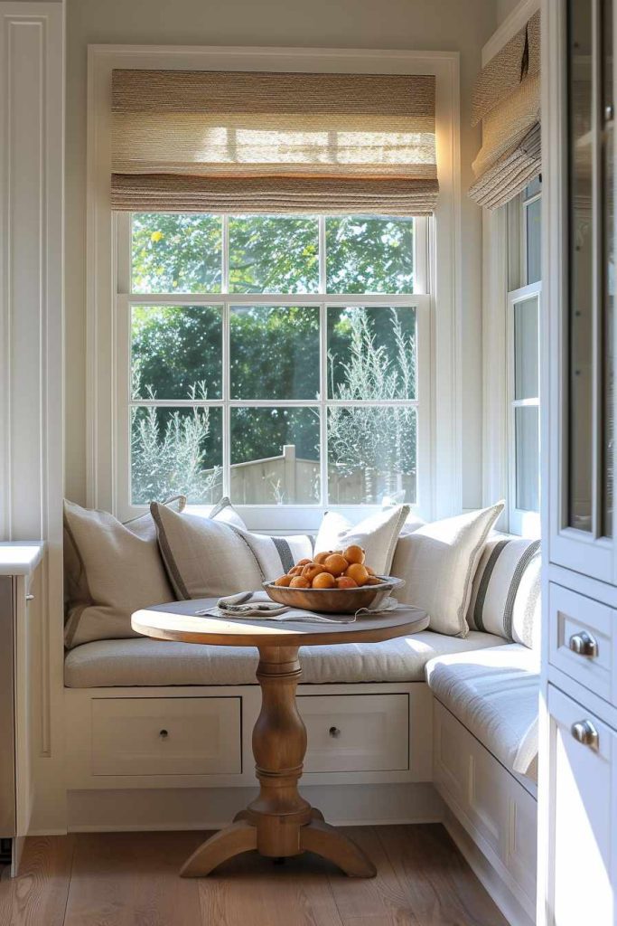 A cozy corner with white upholstered benches, a round wooden table and a bowl of oranges by a sunlit window with woven blinds.