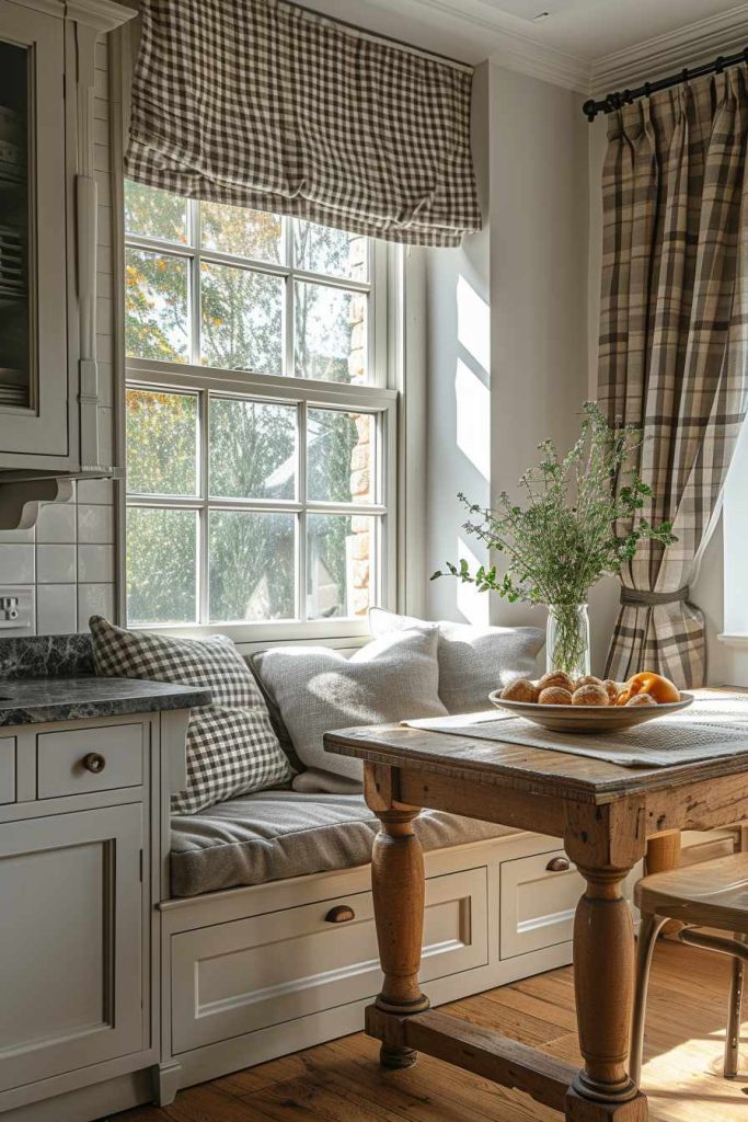 A cozy kitchen corner with an upholstered bench under a window, a wooden table with a plate of pastries, and checkered curtains and pillows. Natural light streams in and brightens the room.