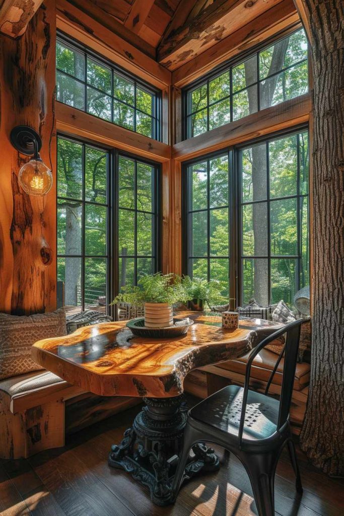 A cozy interior corner with large windows overlooking the forest, a rustic wooden table, a black metal chair and decorative plants on the table.