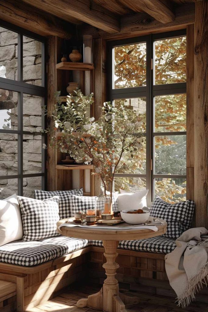 A cozy corner with a wooden table for two, a vase of branches, cushions with checkered covers on a bench and sunlit windows showing autumn leaves outside.