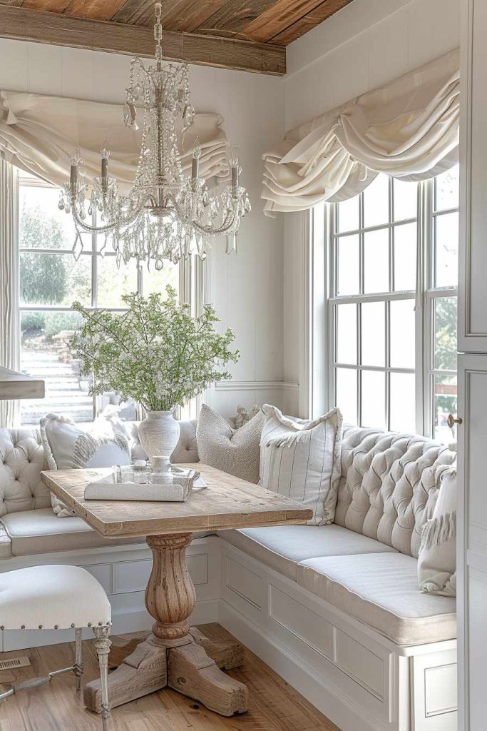 A cozy dining area with upholstered seating, a wooden table, a white vase with green foliage and a crystal chandelier under a wooden ceiling. Light streams in through the windows with white curtains.