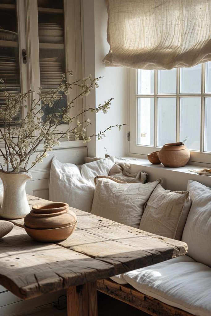 A cozy kitchen corner with a wooden table, white cushions on a bench, clay pots, a vase with branches and a window with a light fabric shade.