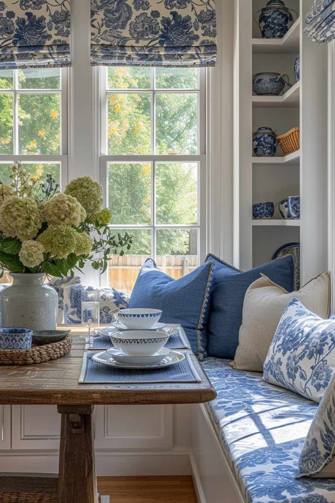 A cozy dining area with a wooden table for two, decorated with blue and white dishes and floral cushions. Large windows provide natural light and views of the outdoors. You will find matching ceramics on the shelves.