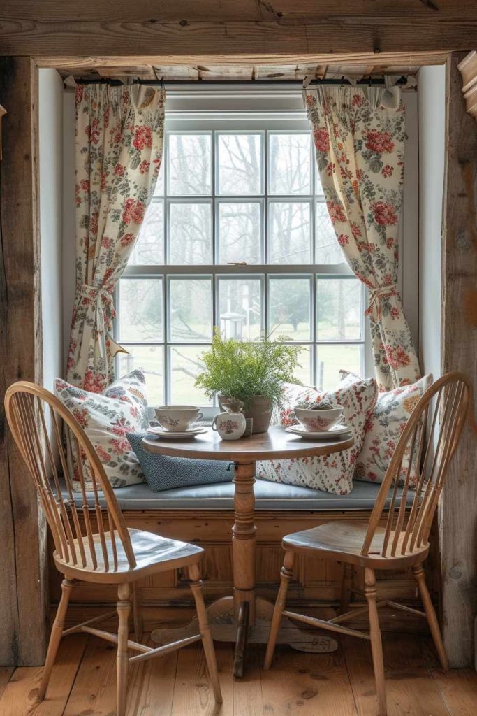 A cozy dining area with a small round table, two wooden chairs, floral cushions and patterned curtains near a window with a green plant as a focal point.