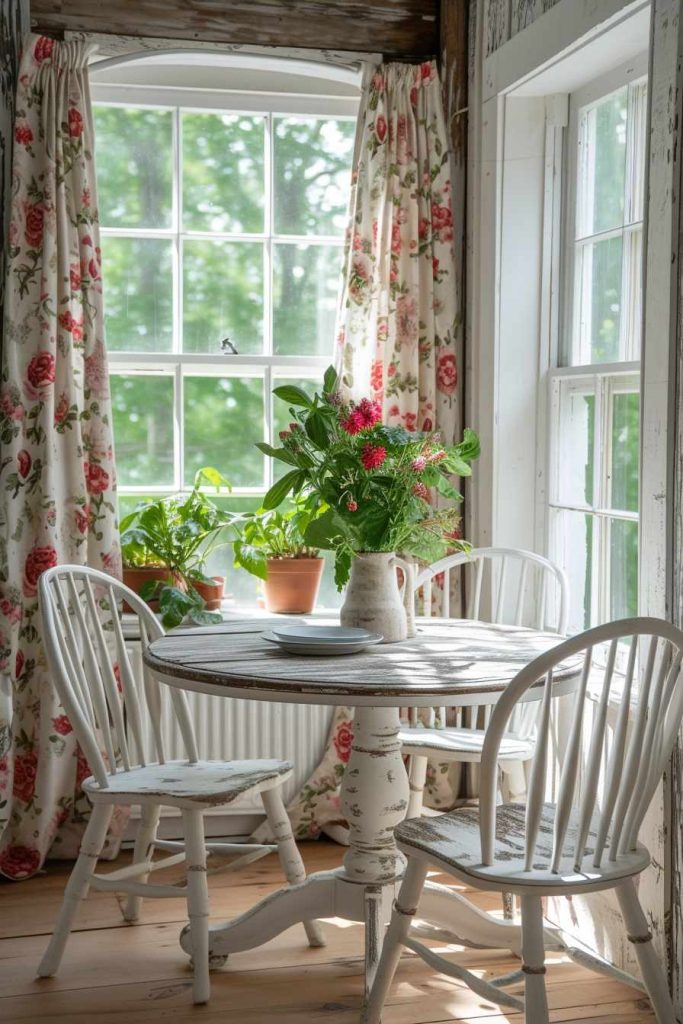 A cozy dining area with a round wooden table, white chairs, floral curtains and potted plants on the windowsill. Sunlight streams through large windows and illuminates the room.