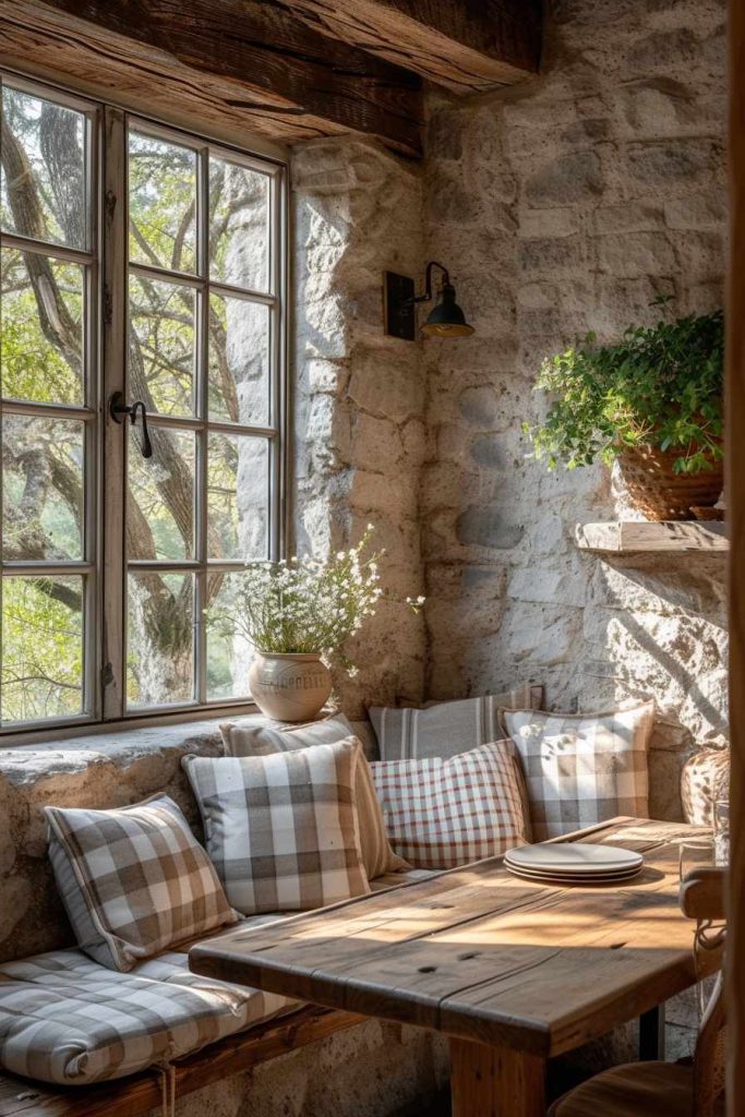 Cozy corner in a rustic stone room with a wooden table, upholstered seats and a window with a view of the greenery. A potted plant and flowers in a vase decorate the room.