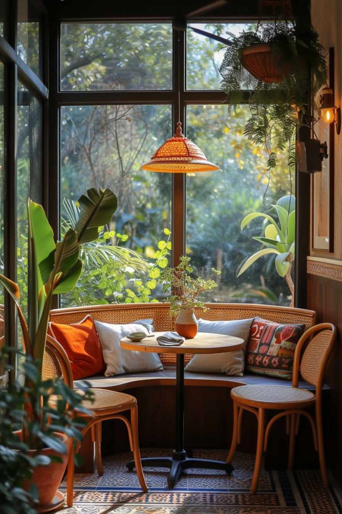 A cozy, sunlit corner with wicker chairs, a small round table, plants and large windows overlooking the garden.