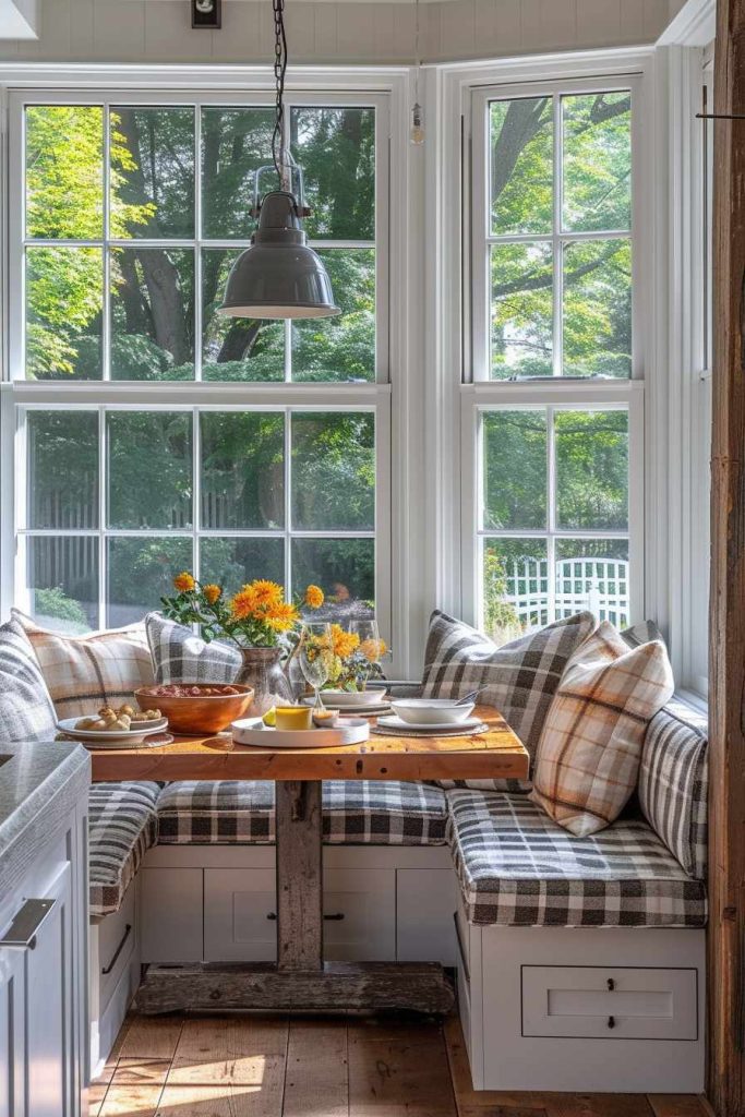 A cozy breakfast nook with checkered pillows, a wooden table with breakfast dishes and a vase of flowers. Large windows overlook a lush garden. A metal pendant light hangs above it.