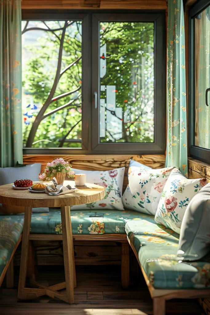 A cozy corner with a wooden table, cushioned benches and a window with a view of the trees. Sunlight penetrates the leaves and casts soft shadows into the room.