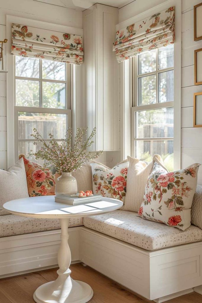 A cozy corner nook with a white round table, floral cushions and a flower vase on a built-in bench under floral patterned window blinds in a sunlit room.