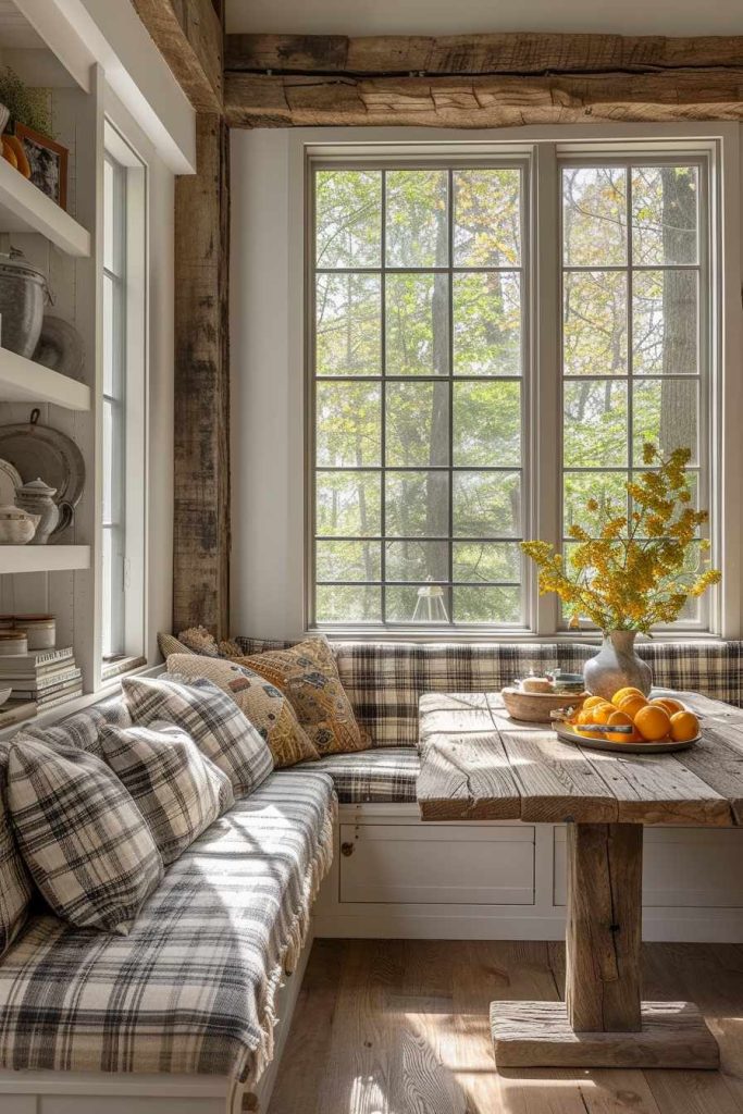 A cozy breakfast nook features checkered pillows, a rustic wooden table, a vase of yellow flowers, and a bowl of oranges. Natural light streams in through large windows overlooking a wooded area.