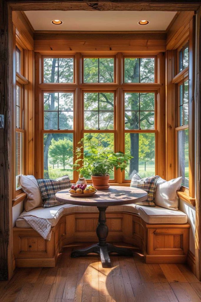 A cozy window nook with a wooden frame, a round table, padded benches, a potted plant and a fruit bowl. Large windows provide tranquil views of trees and an outdoor lawn.