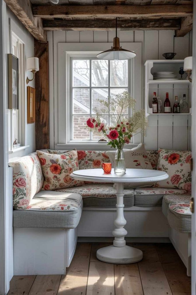 A cozy breakfast nook with floral upholstered seating, a white round table, a flower vase, a window letting in natural light, and shelves of bottles and decorative items on the wall.