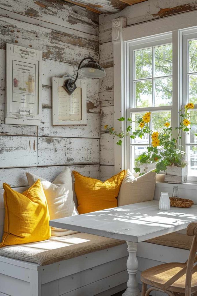 Rustic dining nook with white shiplap walls, bright yellow pillows, a simple white table and a built-in bench. Yellow flowers in a vase stand by a window with natural light streaming in.