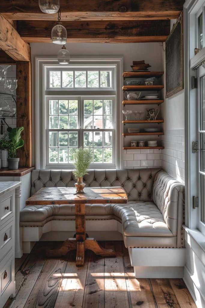 A cozy kitchen nook features an upholstered corner bench, a wooden table and open shelves with dishes. Sunlight streams through a large window with white frames. The floor is wooden and there are rustic wooden beams.