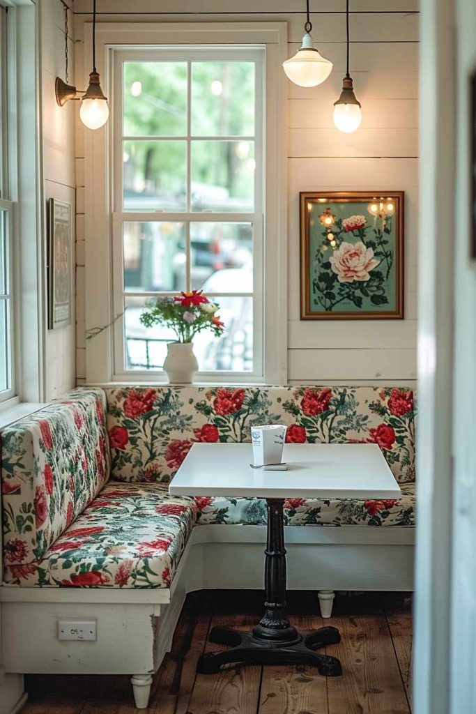 A cozy cafe corner with upholstered floral seating, a white table, framed floral prints on the wall, hanging lamps and a window with red potted flowers on the windowsill.