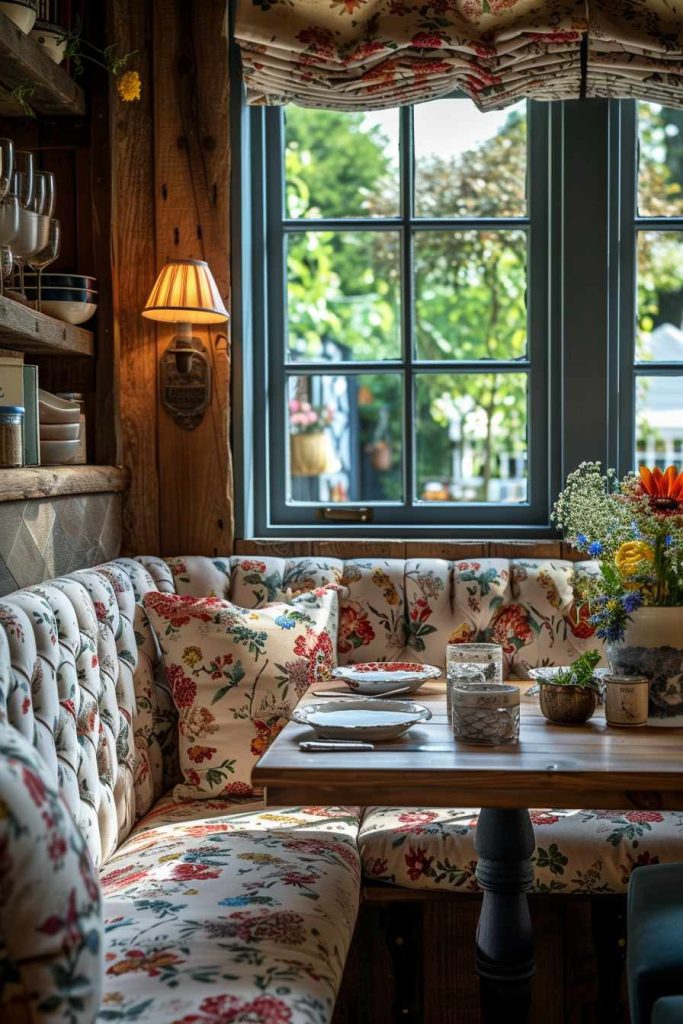 A cozy dining nook features an upholstered floral bench, a plated wooden table, and a large window with floral curtains allowing natural light to illuminate the room.