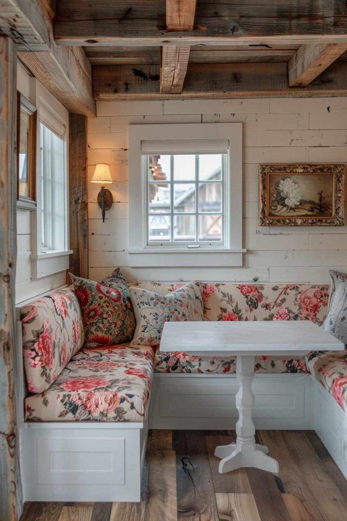 A cozy dining area with a white wooden table and upholstered floral bench seating, beneath a window and next to a sconce and a framed picture. The rustic furnishings include exposed wooden beams.